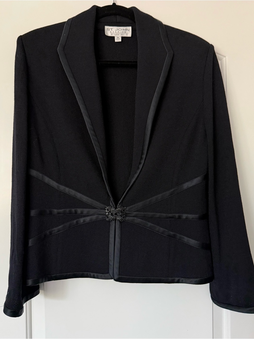 St. John Evening Marie Gray Black Santana Knit Jacket Satin Trim